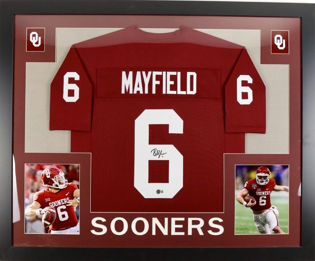 Baker Mayfield 34x42 signed framed Oklahoma Jersey - Beckett COA